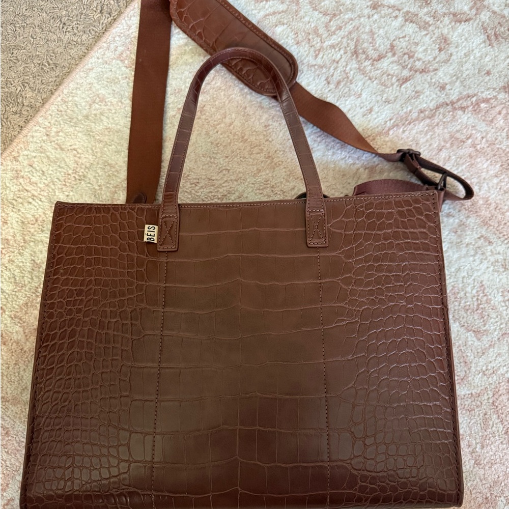 EUC Beis Brown Crocodile-Embossed Leather Tote Bag